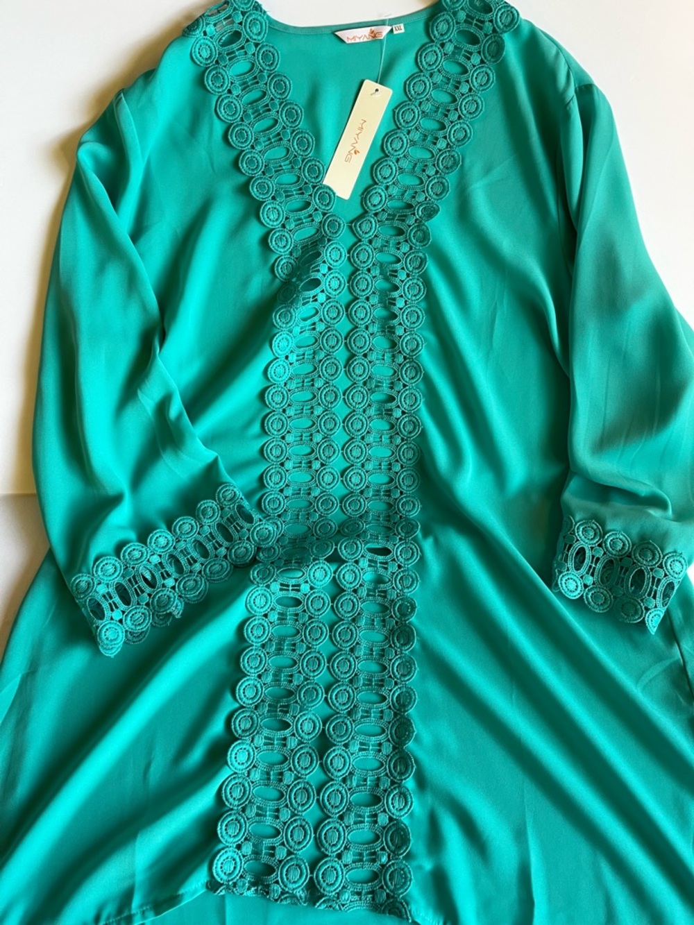 Teal Crochet-Trim Tunic lightweight abaya over layer size xxl